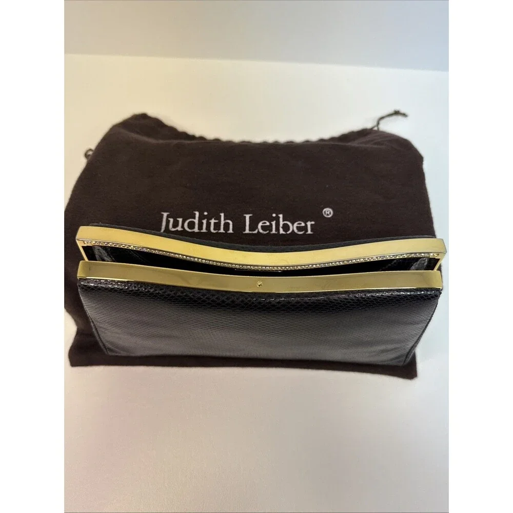 Judith Leiber Black Lizard Snakeskin Leather Rhinestone Clutch Bag Comb Vintage - Picture 2 of 16